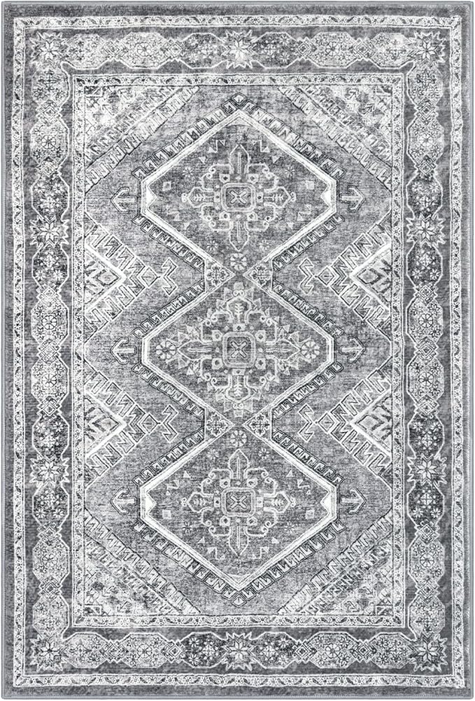 KUTA Rugs for Entryway Oriental Small Washable Area Rug 2x3 Grey Non-Slip Ultra Soft Printed Vintage Distressed Tribal Low-Pile Indoor Door Mat Carpet for Entrance Bedroom Kitchen