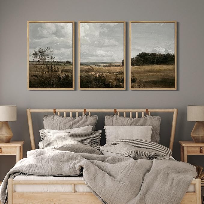 MUDECOR Framed Canvas Print Wall Art Rustic Fields Tranquil Countryside Landscape Nature Wilderness Illustrations Realism Decorative for Living Room, Bedroom, Office - 16"x24"x3 Natural