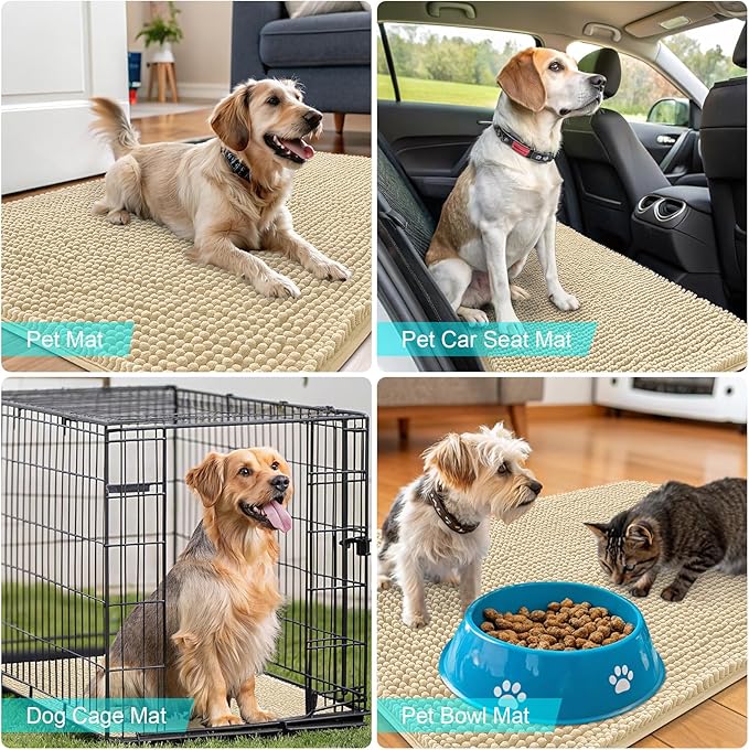 OLANLY Dog Door Mat for Muddy Paws 47x17, Absorbs Moisture and Dirt, Absorbent Non-Slip Washable Doormat, Quick Dry Chenille Mud Mat for Dogs, Entry Indoor Entryway Carpet for Inside Floor, Sand
