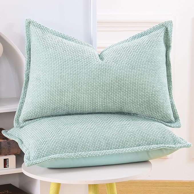 MADIZZ Chenille Velvet Throw Pillow Covers with Flange Set of 2 Super Soft Boho Textured Pillow Covers Decorative Throw Pillowcases Modern Farmhouse Home Decor for Sofa Bedroom Aqua Green 12x20 Inch
