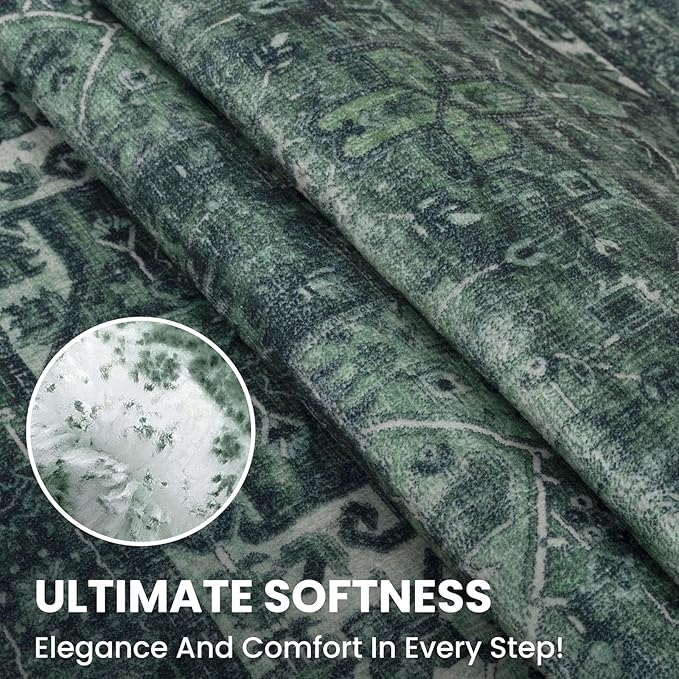2x5 Runner Rug for Hallways, Dark Green Non-Slip Printed Washable Kitchen Runners, Vintage Boho Rugs with Non-Shedding, Soft Medallion Floor Carpet for Laundry Bedroom Entryway