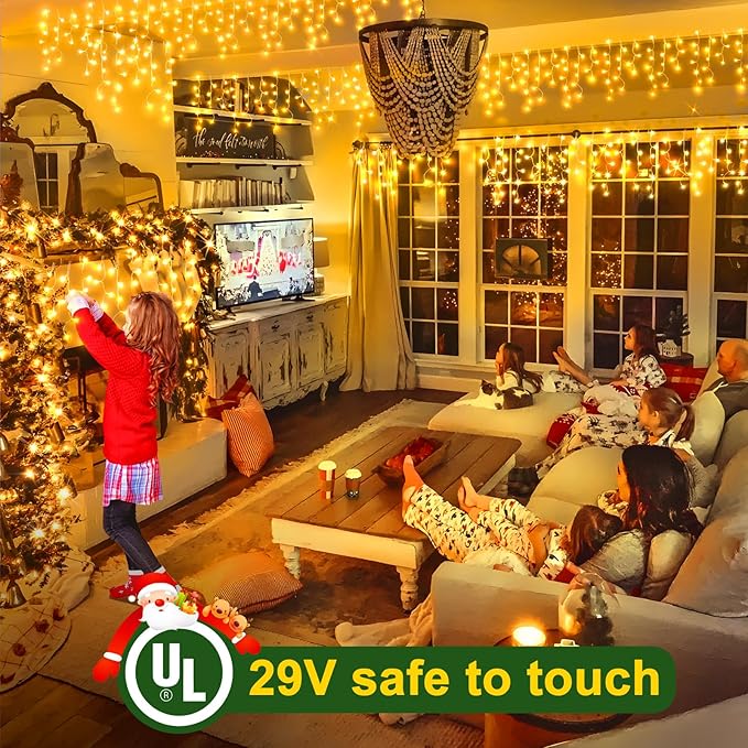 SAUIRS 100FT 960 LED Christmas Lights Outdoor Decorations with 180 Drops Timer 8Mode Curtaing String Lights Waterproof Plug in Fairy Lights for Indoor,Xmas,Party,Patio,Window,Trees Decor(Warm White)