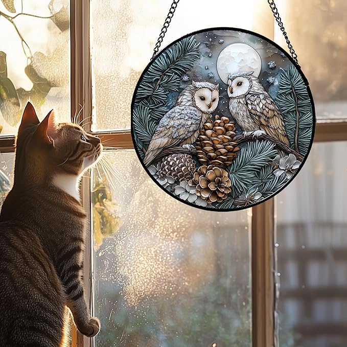 Stained Glass Window Hanging - Owl On A Tree Suncatcher for Doors Garden Patio Winter Scene Sun Catchers Decor Christmas Mother's Day Birthday Gifts for Women Men Mom Nana Friend 15 in