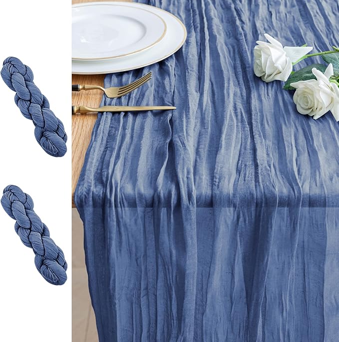 2PCS Table Runner Cheesecloth 10FT Blue Boho Gauze Cheese Cloth Rustic Sheer Table Runners for Wedding Birthday Bridal Baby Shower Party Decoration