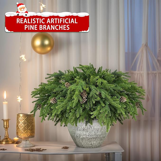 12 Pcs Christmas Greenery Stems with Pinecones Soft Bendable Naturally Droop Realistic Artificial Pine Stems Christmas Pine Branches Picks Faux Cedar Stems for Vase Garland Wreath Table Home Decor(12)