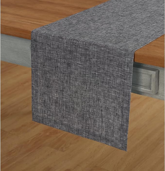 Solino Home Linen Small Table Runner 48 Inches - Athena, 100% Pure Linen Chambray Black Table Runner 14 x 48 Inch Ideal for Dresser and Coffee Tables - Winter