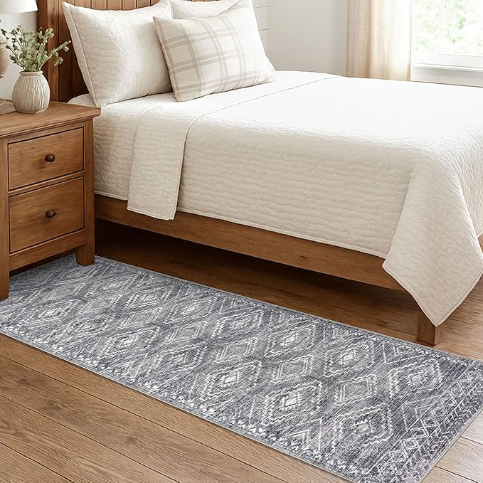 KILOCOCO Hallway Runner Rug 2'x7' Runners for Hallways Washable Runner Rug Non Slip Rubber Backed Low-Pile Runners for Bedroom Kitchen Living Room Laundry Room Boho Rugs, Grey