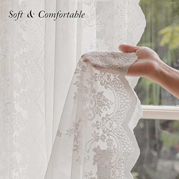 White Semi-Sheer Curtains 2 Panels – Vintage Floral Lace for Bedroom/Kitchen, Airy Rustic Privacy Light Filtering Rod Pocket Window Drapes, Elegant Chic Victorian Pattern Design, 52W x 45L Inch