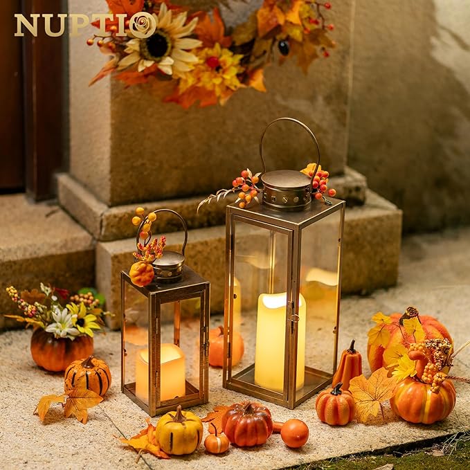 NUPTIO Large Lanterns Decorative Outdoor: 13.8 inches Tall Rustic Floor Metal Lantern with Glass - Vintage Gold Candle Holder for Wedding Christmas Fireplace Table Porch Door Garden
