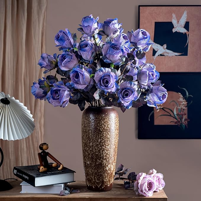 Artificial Flowers Artificial Roses Fake Roses 20PCS Long Stem Artificial Flowers for Tall Vase Silk Rose Suitable for Indoor Decor Wedding Party Decoration DIY Bouquet Autumn,Purple, 23.2In