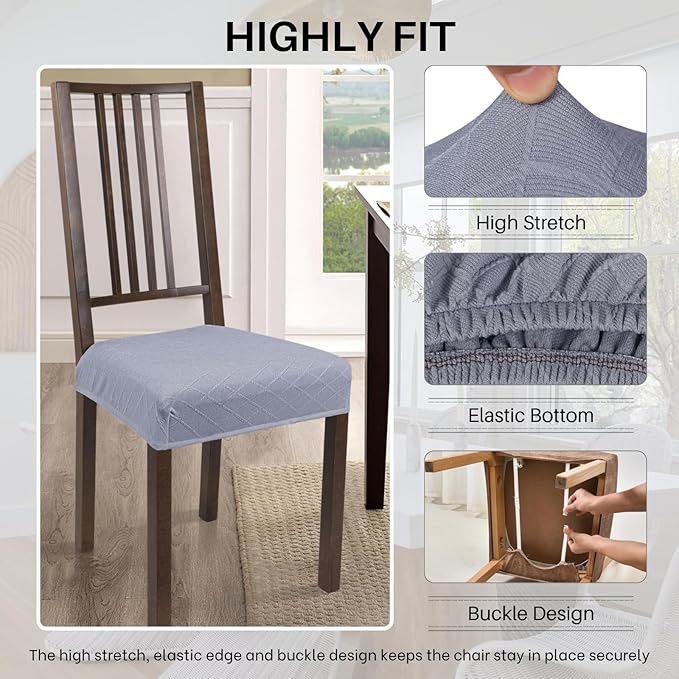SearchI Stretch Dining Chair Seat Covers Set of 6, Soft Washable Seat Covers for Dining Chairs, Dining Room Seat Cover Protector (Rear-Covered, Check Jacquard Light Grey)