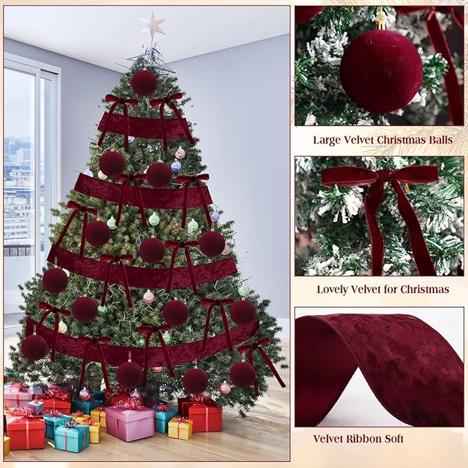 Syhood 46 Pcs Velvet Christmas Ornaments 3.15 Inch Large Christmas Balls Flocked Bows Velvet Ribbon Burgundy Xmas Tree Ornaments Decorations for Xmas Holiday Decor