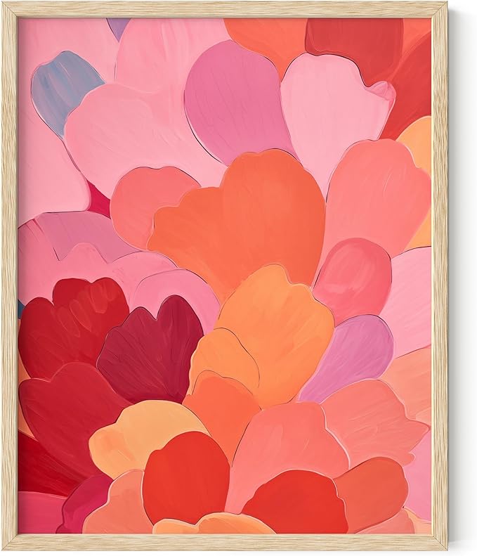 HAUS AND HUES Colorful Abstract Wall Art - Minimalist Retro Picture for Living Room Decor, Red and Pink Modern Wall Art Painting (Petals 1, Beige Frame, 8x10)