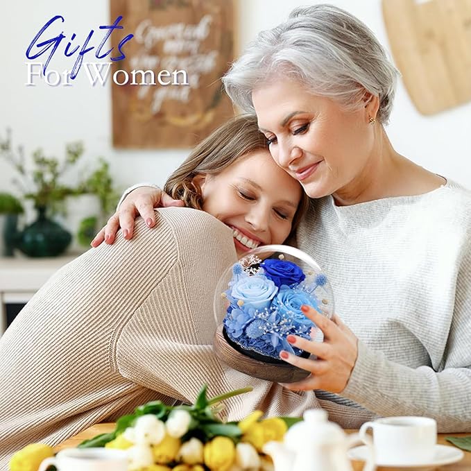 FIACO Valentines Gifts for Her Preserved Flowers in Glass Dome Long-Lasting Eternal Roses Birthday Gifts for Women Mom Grandma Wife Girlfriend Blue Forever Flowers for Delivery Prime