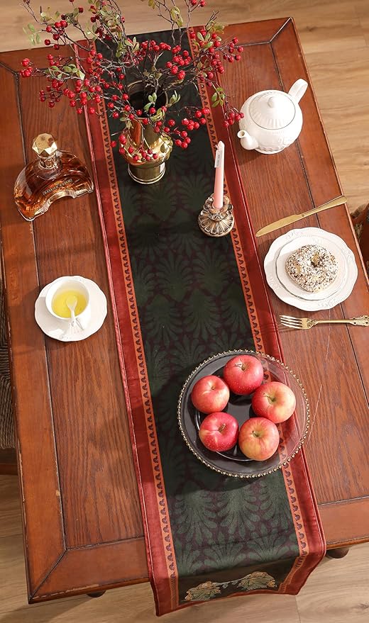 patdrea Designer Mysterious Oil Painting Figures Velvet Table Runner, Brown Green with Palm Frond Pattern Table Mat, Decoration for Kitchen Dining Coffee Table Cabinet Banquet Thanksgiving,12"*71"
