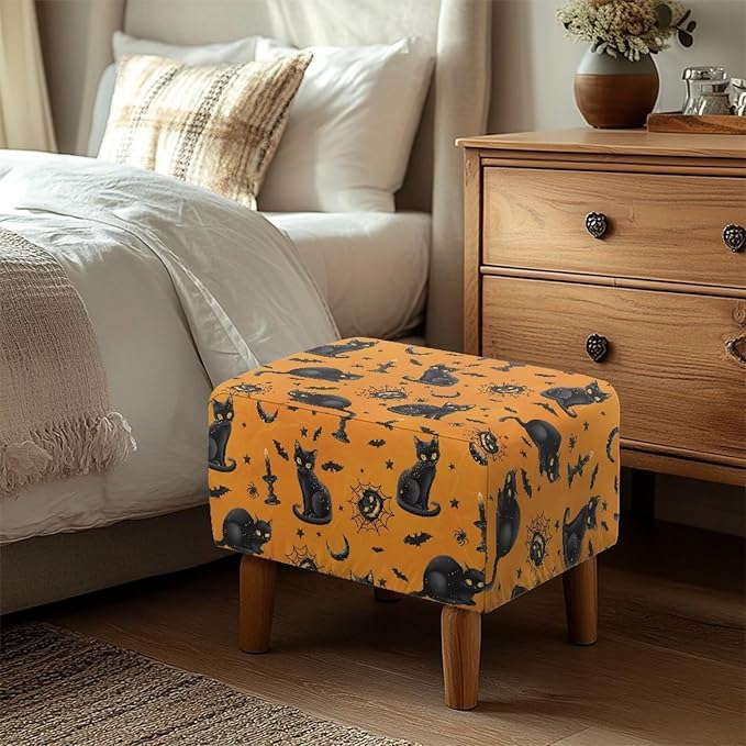 Rectangle Ottoman Cover Black Cat Stretch Ottoman Slipcover Removable Washable Folding Storage Footstool Protector with Elastic Bottom for Halloween Living Room Decor
