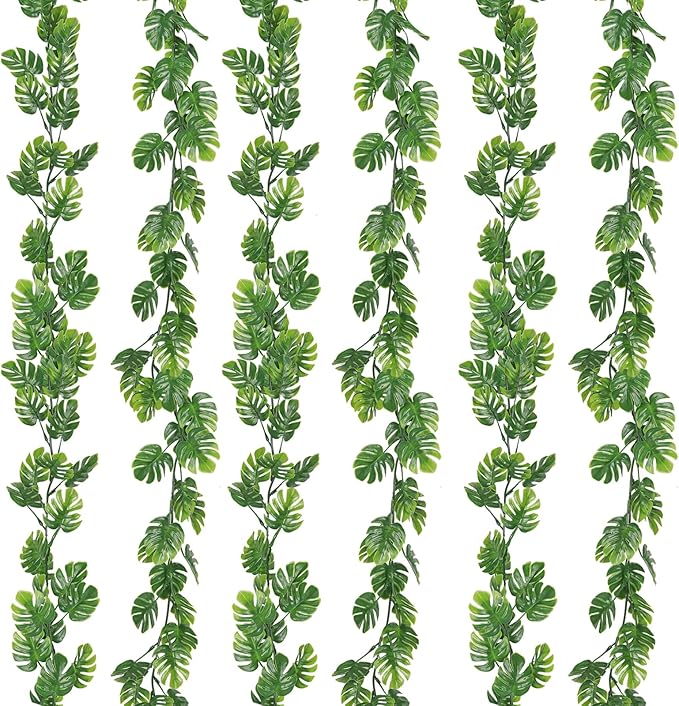 RECUTMS 6Pcs Artificial Monstera Leaf Vines, 5.9FT Faux Tropical Monstera Garland Fake Hanging Plant Ivy Palm Leave Greenery Vine for Garden Porch Patio Jungle Luau Party Birthday Indoor Outdoor Décor