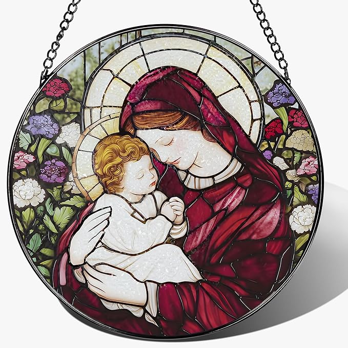 8 Inches Virgin Mary Stained Glass Suncatcher, Stained Glass Window Hanging, Christian Window Decor, Religious Christmas Ornament, Christian Gift, Religious Gift, Gifts for Christmas