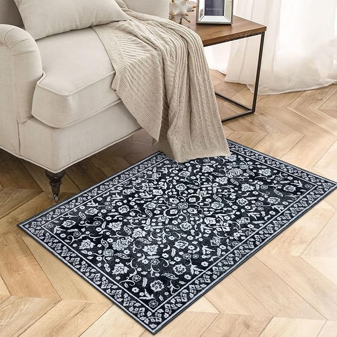 Vintage Entryway Rug Indoor, Black White Washable Rug 2x3, Small Area Rug with Non-Slip Backing, Floral Print, Thin Faux Wool Super Soft Door Mat for Kitchen, Entrance, Bedroom, Office