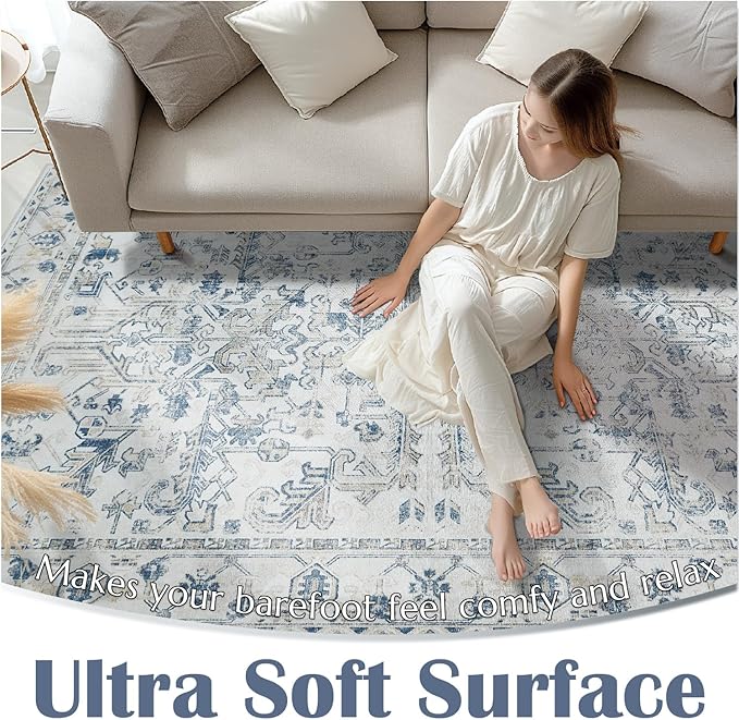 jinchan Lima Washable Area Rug 3x5 Entryway Rug - Distressed Vintage Floral Ultra-Thin Low-Pile Soft Non-Shedding Indoor Floor Carpet for Kitchen Bedroom Entrance Laundry Living Room (3x5ft, Blue)