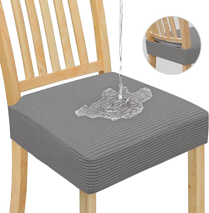Easy-Going 100% Waterproof Seat Covers for Dining Room Chairs, Stretch Jacquard Chair Seat Slipcovers Removable and Washable Kitchen Dining Chair Covers (Set of 6, Light Gray)