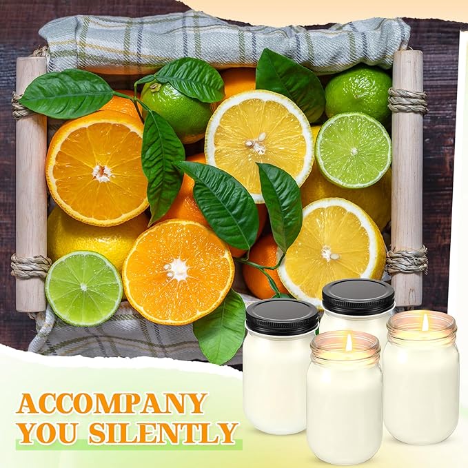 MTLEE 4 Pack 12 oz Mason Jar Soy Candle with Essential Oils Scented Soy Wax Candles for Home Valentine Christmas Wedding Birthday Gift Farmhouse Collection Baby Shower Party(Sage Mixed with Citrus)