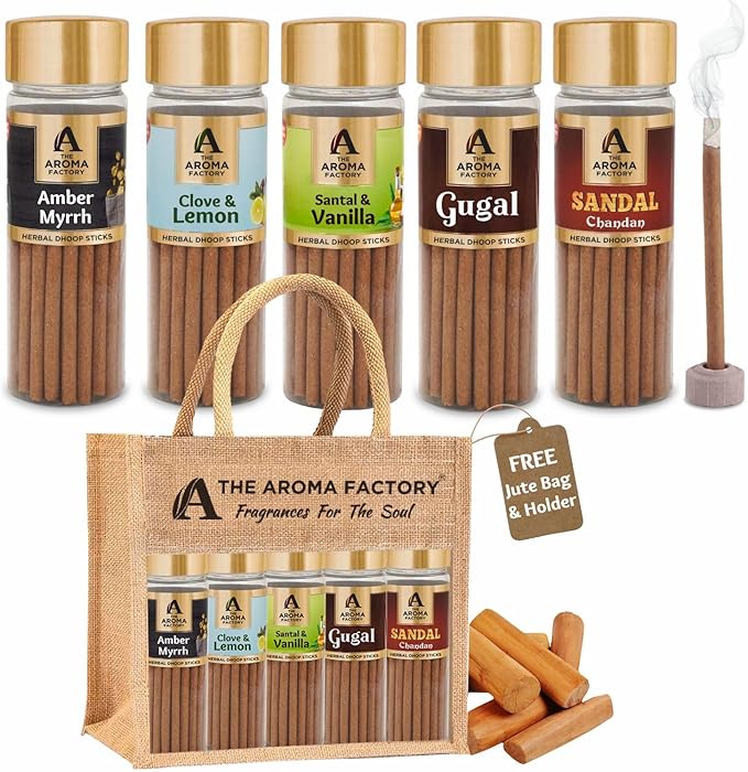 The Aroma Factory Dhoop batti .No Bamboo Herbal Dhoop Sticks with Incense Holder, 5 Bottle x 75g,with Jute Bag (Wellness)