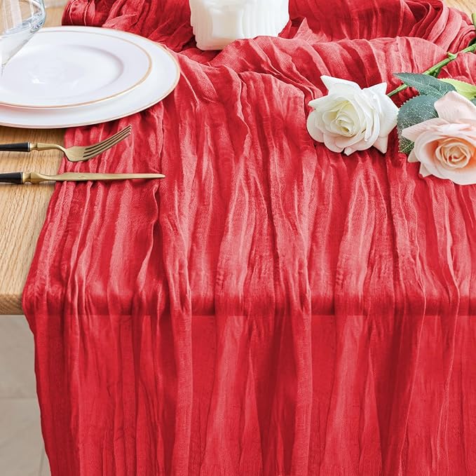 Wokceer Cheesecloth Table Runner Christmas 10FT Red Boho Gauze Fall Cheese Cloth Table Runner for Party Long Rustic Sheer Table Runners for Baby Bridal Shower Wedding Easter Table