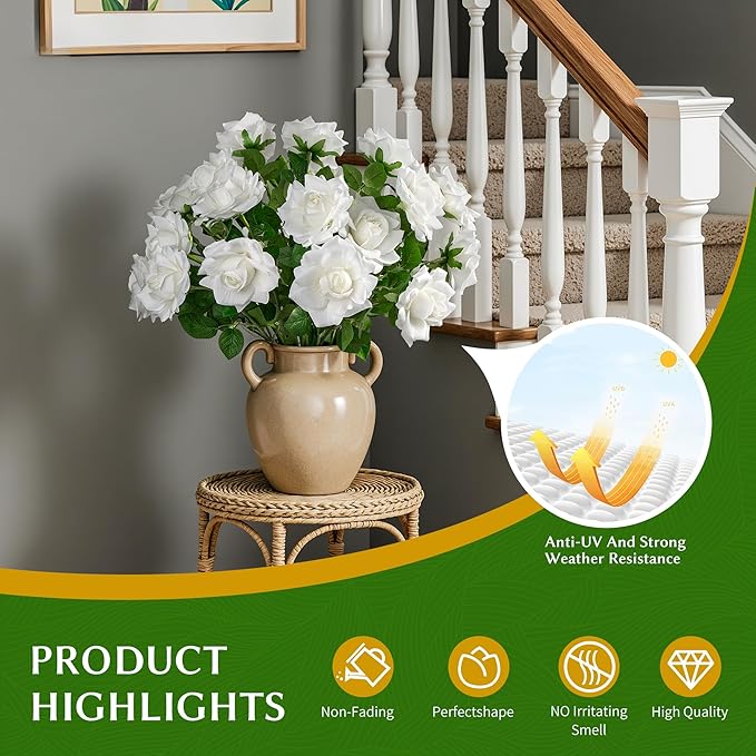 Artificial Flowers Artificial Roses Fake Roses 23.2In Long Stem Artificial Flowers for Tall Vase Silk Rose 20PCS Suitable for Indoor Decor Wedding Party Decoration DIY Bouquet Spring,White