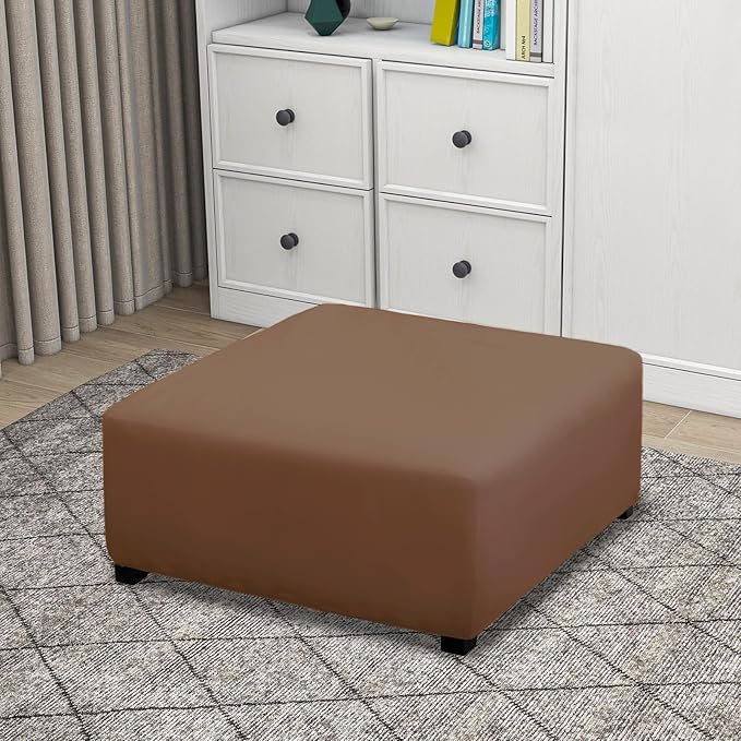 PureFit Super Stretch Form Fit Square Ottoman Cover Rectangle - Ottoman Slipcovers for Foot Stool & Folding Storage Furniture for Living Room with Nonslip Elastic Bottom (Medium-XL, Brown)