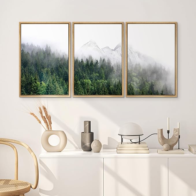 SIGNWIN Framed Canvas Print Wall Art Set Winter Mountain Misty Forest View Nature Wilderness Photography Modern Art Rustic Landscape Relax/Calm for Living Room, Bedroom, Office - 24"x36"x3 Natural