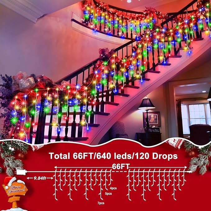 XURISEN 66ft Christmas Lights Decorations Outdoor, 640 LED 8 Modes Curtain Fairy Lights with 120 Drops,Plug in Waterproof Timer Memory Function for Christmas Holiday Wedding Party Decor(Multicolor)