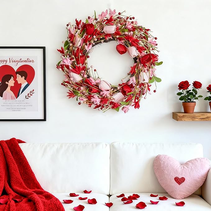WDS WONDROUS 18.8 Inch Valentine's Day Wreath, Red Pink Tulip Floral Wreath with Berry Accents for Front Door Decor, Spring Wedding Anniversary Party Decoration
