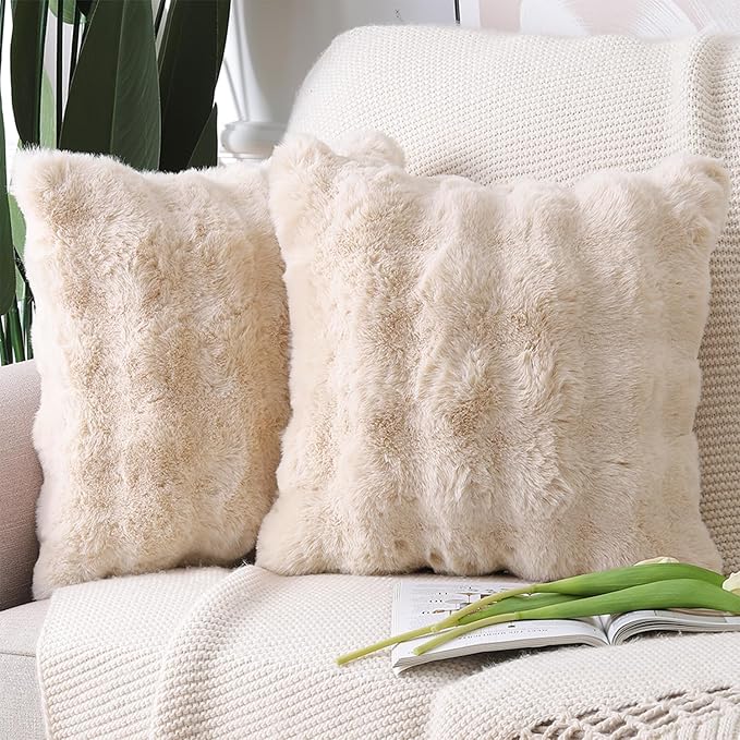 MADIZZ Pack of 2 Thick Plush Wool Throw Pillow Covers 20x20 Inch Beige Soft Neutral Decorative Throw Pillows Accent Boho Cushion Covers for Couch Sofa Bedroom Pillow Shell