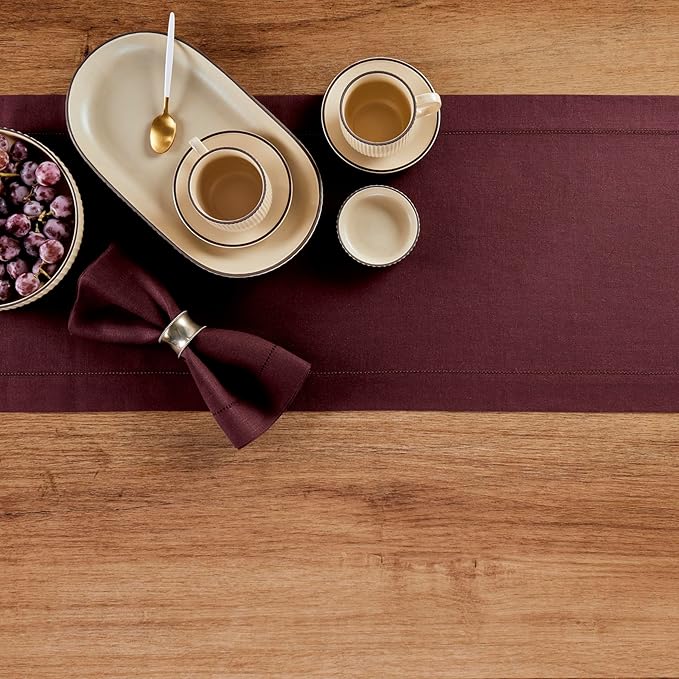 Solino Home Linen Table Runner 48 Inches - 100% Pure Linen Burgundy Hemstitch Table Runner 14 x 48 Inch Ideal for Dresser and Coffee Tables - Winter, Valentines - Classic Hemstitch