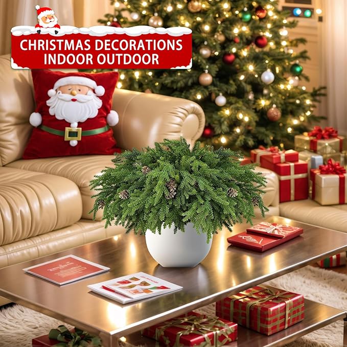 12 Pcs Christmas Greenery Stems with Pinecones Soft Bendable Naturally Droop Realistic Artificial Pine Stems Christmas Pine Branches Picks Faux Cedar Stems for Vase Garland Wreath Table Home Decor(12)