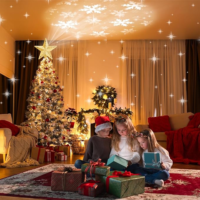 Christmas Tree Topper Lighted with 6 Projection Modes,Christmas Star Tree Topper Built-in LED Rotating Projector Lights 3D Sparkling Christmas Tree Decorations for Xmas Party Holiday Decor(Golden)