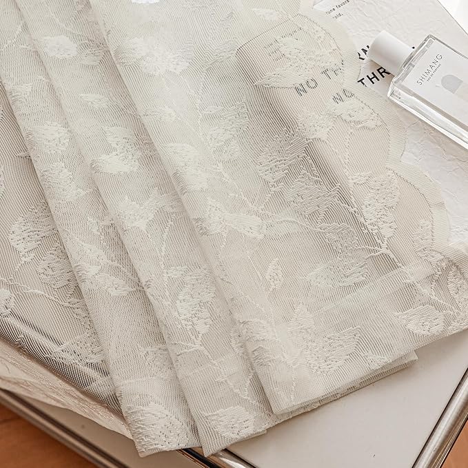 Beige Lace Sheer Curtains – Vintage Leaves Pattern Lace Fall Curtains, Modern Privacy Light Filtering Rod Pocket Window Drapes for Bedroom Living Room, 52W x 54L Inch, 2-Panel Set