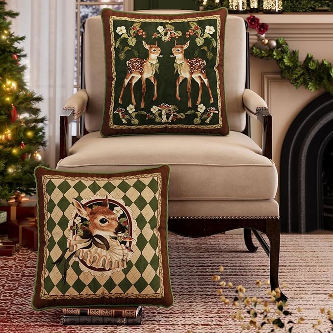 Grandmillennial Checkered Pillow Cover, Velvet Euro Sham Covers Decorative Throw Pillow Covers 18x18 for Couch Sofa Bed Living Room, Christmas & Holiday, Deer Green