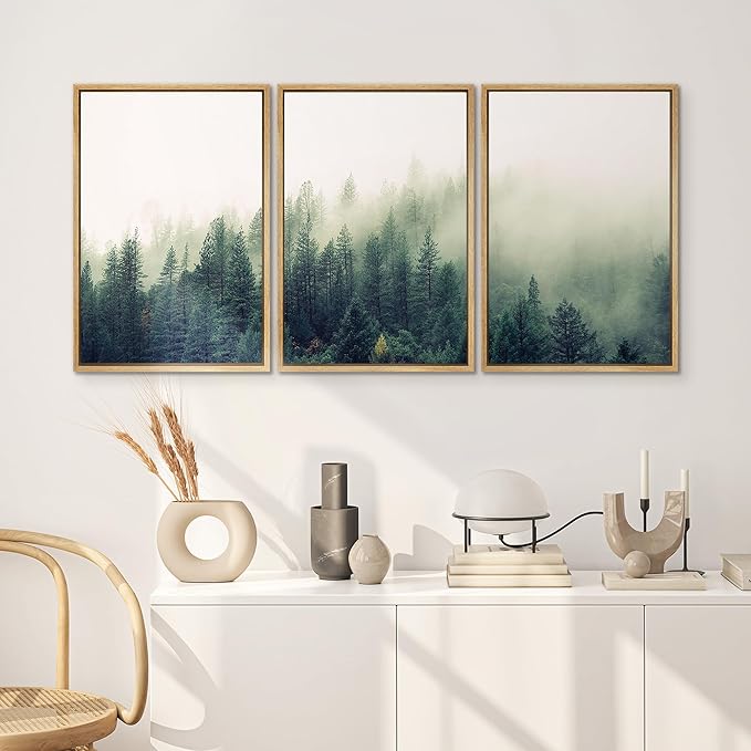 SIGNWIN 3 Piece Framed Canvas Wall Art Green Foggy Mountains Nature Wilderness Photography Abstract Rustic Aerial Canvas Prints Home Artwork Decoration for Living Room,Bedroom - 24"x36"x3 Natural