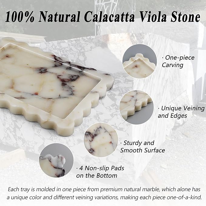 Real Natural Marble Tray, Luxury Scalloped Vanity Decorative Tray, Genuine Calacatta Gold Stone Tray for Bathroom Dresser, Home Decor, Kitchen Storage, Non-Resin/Ceramic, 10.6" x 8"