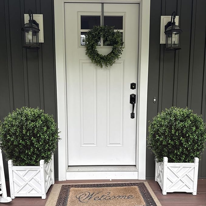 Real Touch Leaves Artificial Topiary Trees, 24" T with 17" W Faux Boxwood, Set of 2 UV Resistant Plants, Decorative Indoor Outdoor Trees with 6"x5" Pots for Home, Office, and Garden Decor