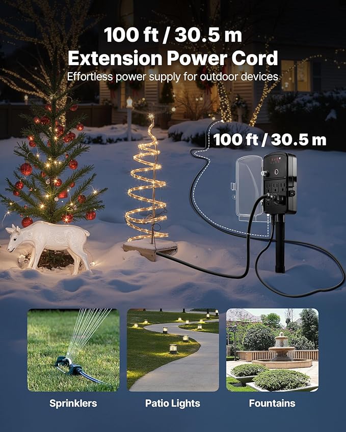 VEVOR Outdoor Power Stake Timer, 100FT Extension Cord, Remote Control Outdoor Power Strip with Cover, Dusk to Dawn Light Timer Waterproof, 6 Outlets for Halloween Christmas Lights, Garden Decorations