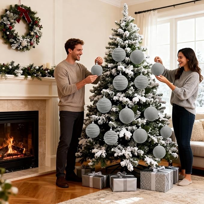 Artmag 6Pcs Velvet Christmas Ornaments Balls Sets for Christmas, Plastic Shatterproof Xmas Tree Flocked 3.94 inch Ornaments Balls for Winter Holiday Decor (Grey)