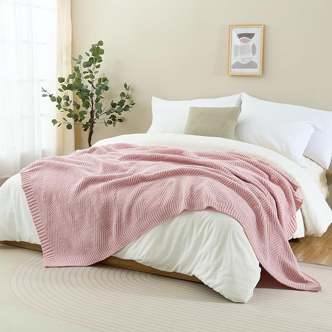 Knitted Throw Blanket 50"X60", Dusty Pink Knit Throws for Bed, Super Soft Boho Chevron Blankets for Couch Sofa Chair Room Decor, Textured Decorative Farmhouse Cozy Lightweight