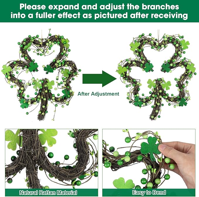 St Patricks Day Wreaths for Front Door, Artificial Shamrock Wreath Wood Lucky Clover Door Decorations with Green Berries for Spring Wall Mantel Window Home Party Decor