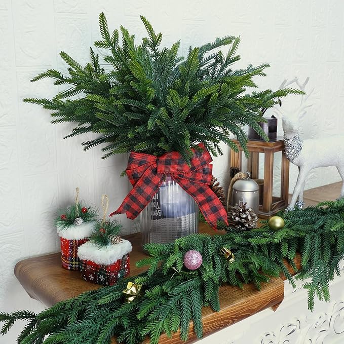 50 Pcs Pine Branches - Real Touch Artificial Pine Stems - Christmas Greenery Picks for DIY Wreaths Garlands Vase Arrangements, Indoor Outdoor Christmas Decor