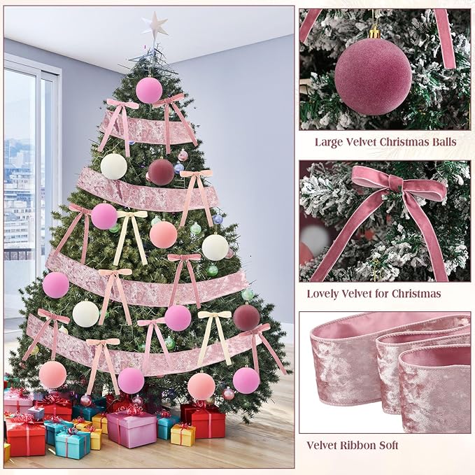 Syhood 46 Pcs Velvet Christmas Ornaments - 15 Pcs 3.15" Large Christmas Balls, 30 Flocked Bows, 1 Velvet Ribbon, Gradient Pink Xmas Tree Hanging Decorations for Vintage Xmas Holiday Decor