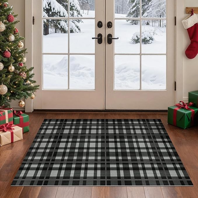 GENIMO Checkered Rug 27.5x43 inches Black and White Fine Plaid Outdoor Rug Buffalo Plaid Rugs Mat Fall Doormats Washable Rug for Front Porch Decor Indoor Entrance Patio Balcony Entryway