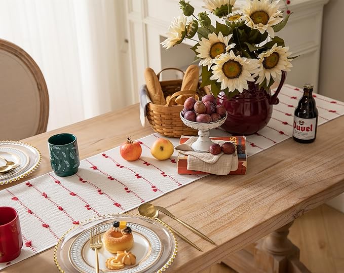 Caflife Christmas Table Runner 60 Inchs Long for Modern Farmhouse Room Home Christmas Decorations, Boho Red Table Runner, Natural Cotton Woven with Tassels for Holiday Kitchen and Dining Table Decor